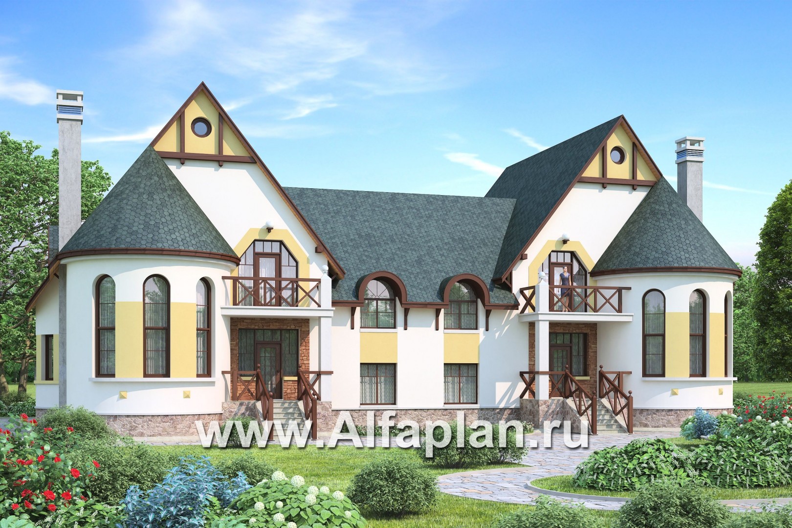 Проекты домов Альфаплан - «Онегин» - дуплекс (дом на две семьи) в стиле замка - основное изображение