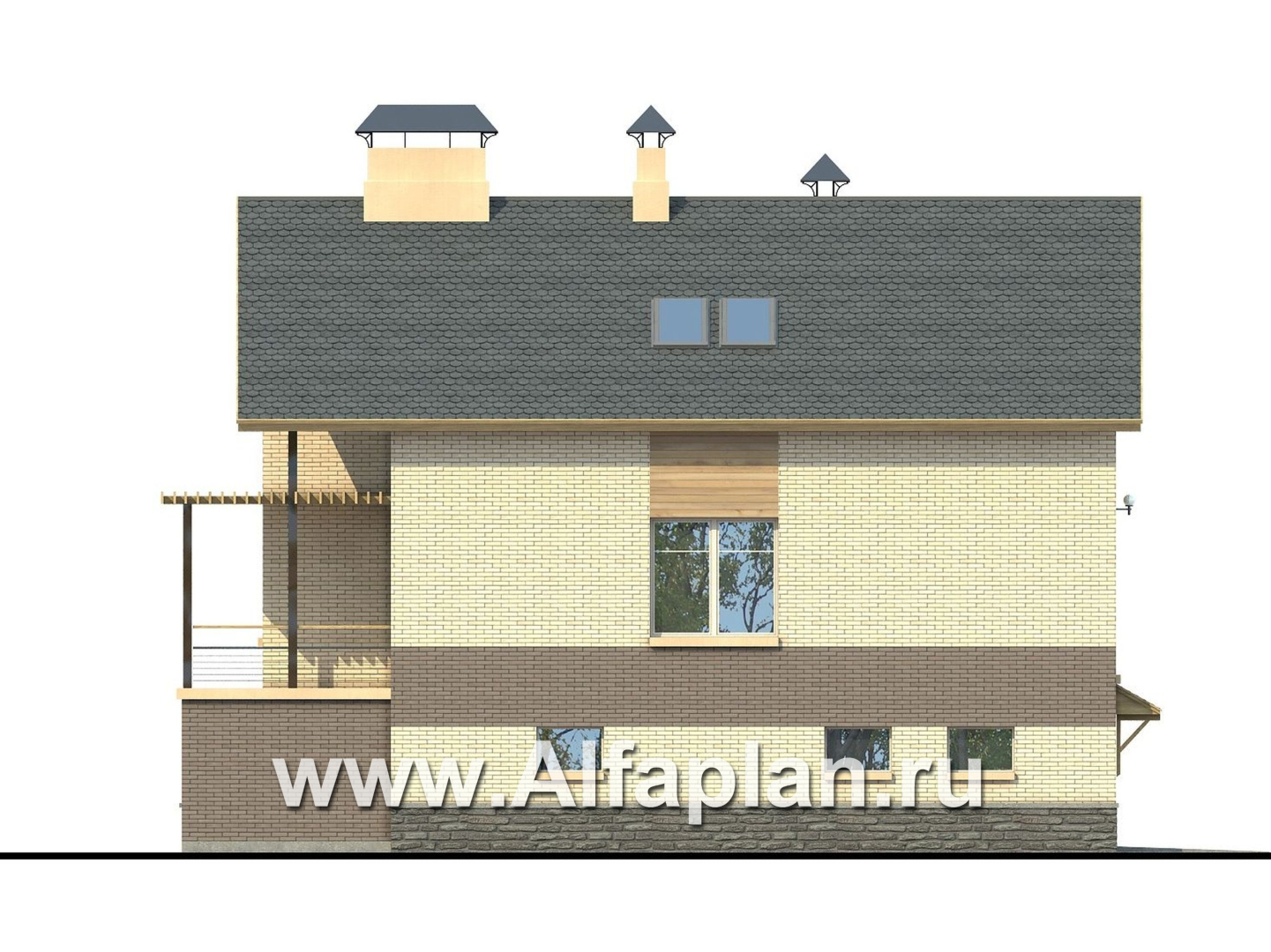 «Эврика» - проект трехэтажного дома из газобетона, с гаражом в цоколе, для узкого участка - фасад дома