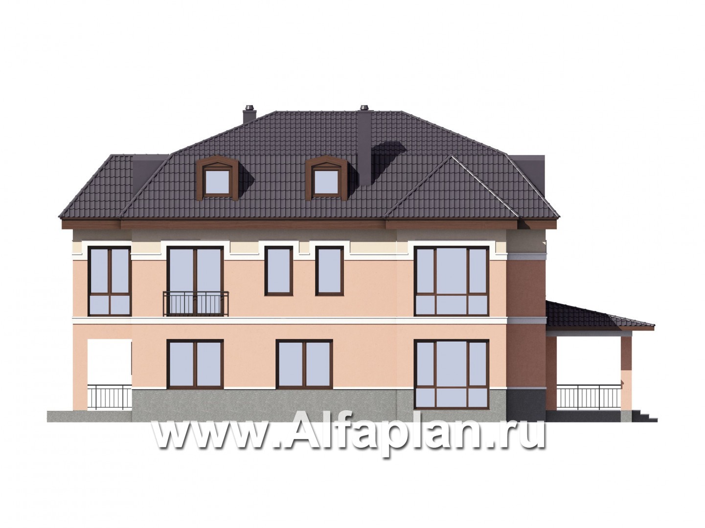 Проекты домов Альфаплан - Двухэтажный коттедж с эксплуатируемой мансардой - изображение фасада №2
