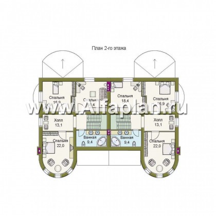 Проекты домов Альфаплан - «Брат» - дом на две семьи с угловыми «башнями» - превью плана проекта №2