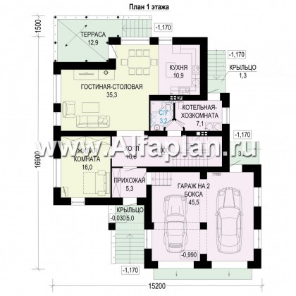 Проекты домов Альфаплан - Двухэтажный коттедж с гаражом на 2 машины - превью плана проекта №2