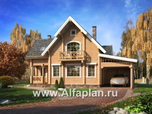 Проекты домов Альфаплан - Деревянный дом с террасой и навесом для машины - превью основного изображения