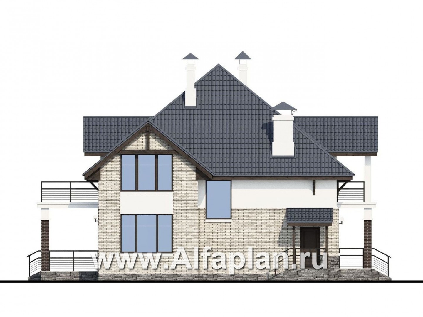 «Брилланте» - проект дома с мансардой, из кирпичей, с террасой и балконом, с пирамидальной кровлей - фасад дома