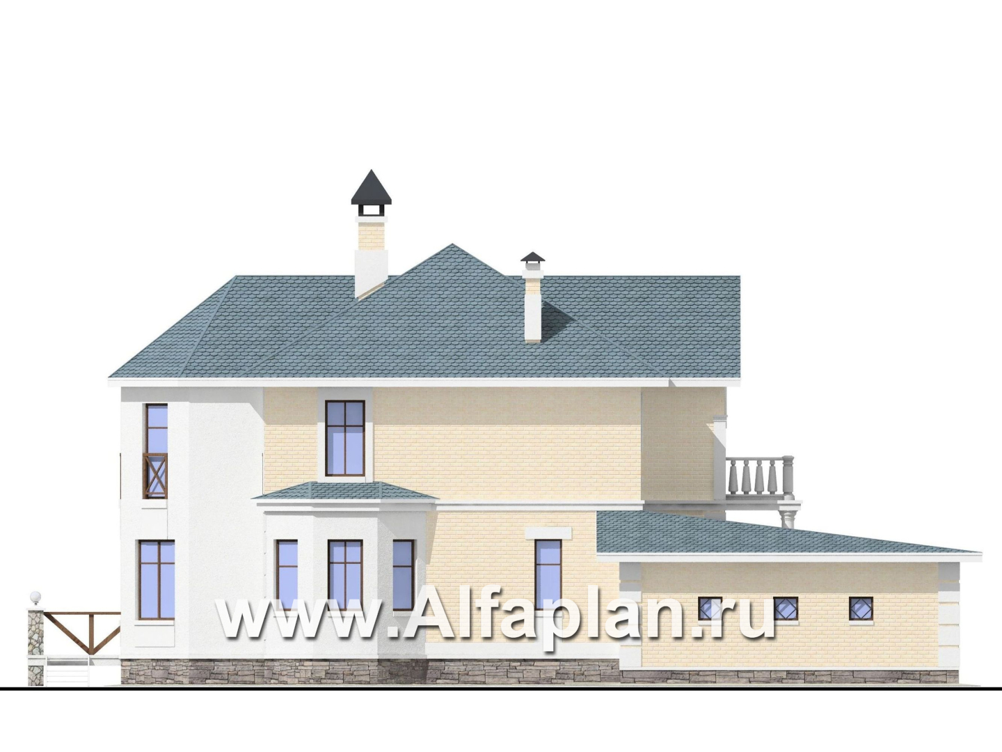Проекты домов Альфаплан - «Петровское барокко»- двухэтажный коттедж с гаражом на два автомобиля - изображение фасада №3
