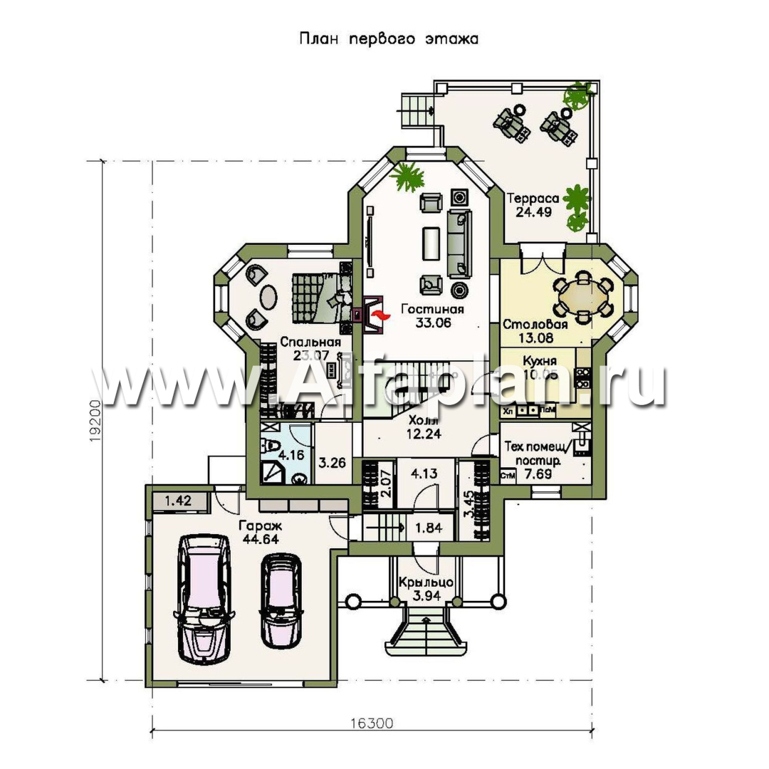 Проекты домов Альфаплан - «Петровское барокко»- двухэтажный коттедж с гаражом на два автомобиля - изображение плана проекта №1