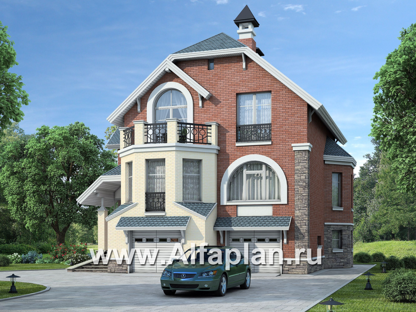«Корвет» - проект трехэтажного дома, из газобетона, с гаражом на 2 авто в цоколе, с эркером - дизайн дома №1
