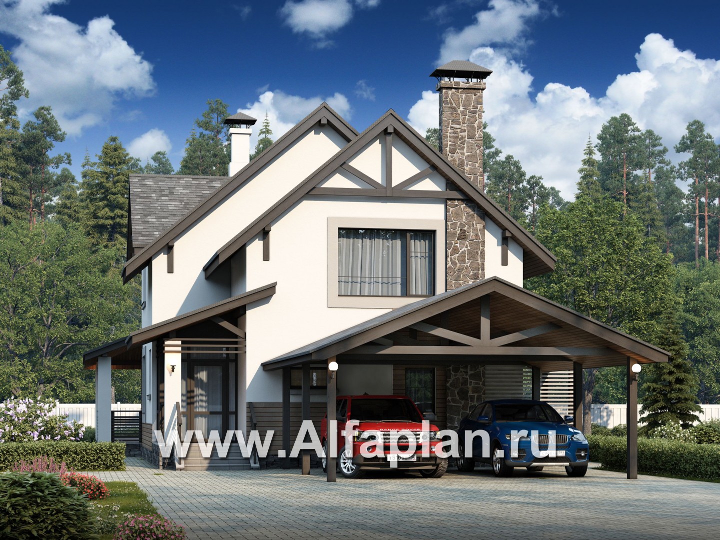 Проекты домов Альфаплан - «Роза ветров» - загородный дом с летней куxней и навесом для машин - основное изображение