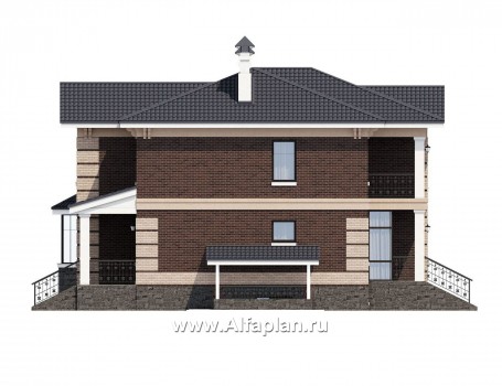 «Репутация»- проект двухэтажного дома из кирпича, планировка с эркером и с цокольным этажом, английском стиле - превью фасада дома
