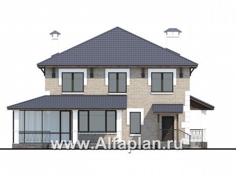 Проекты домов Альфаплан - «Земляничная поляна» - двухэтажный коттедж с большой верандой - превью фасада №4