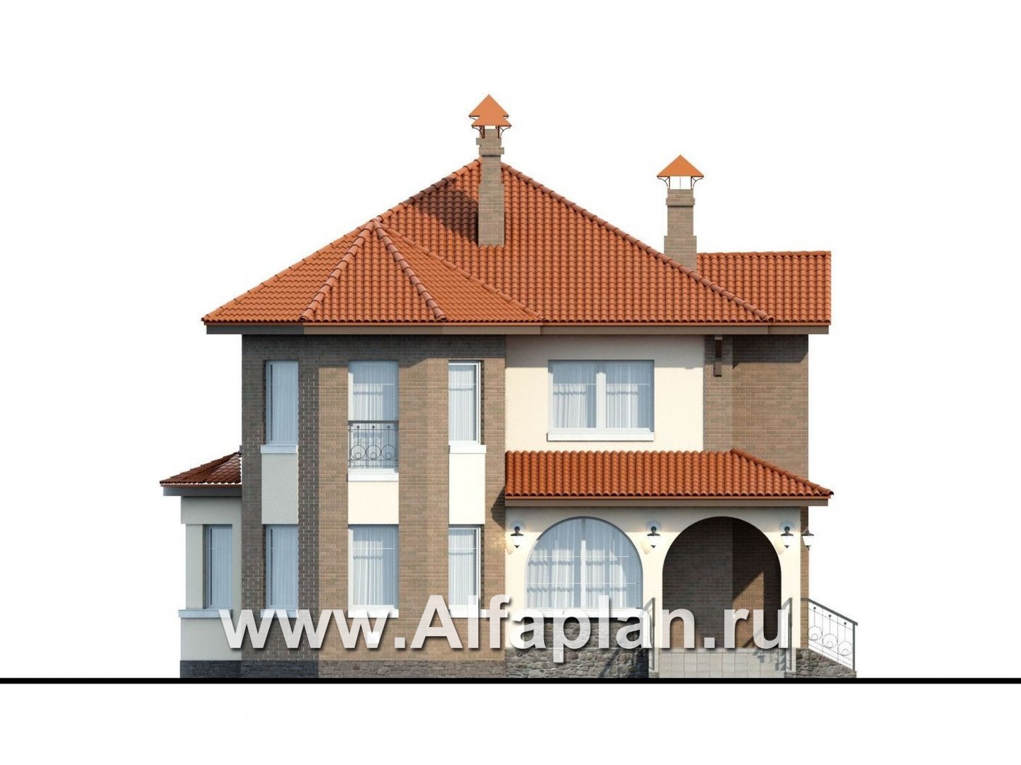 Проекты домов Альфаплан - «Митридат» - проект двухэтажного дома, с эркером и с террасой, планировка с кабинетом на 1 эт, в русском стиле - изображение фасада №1