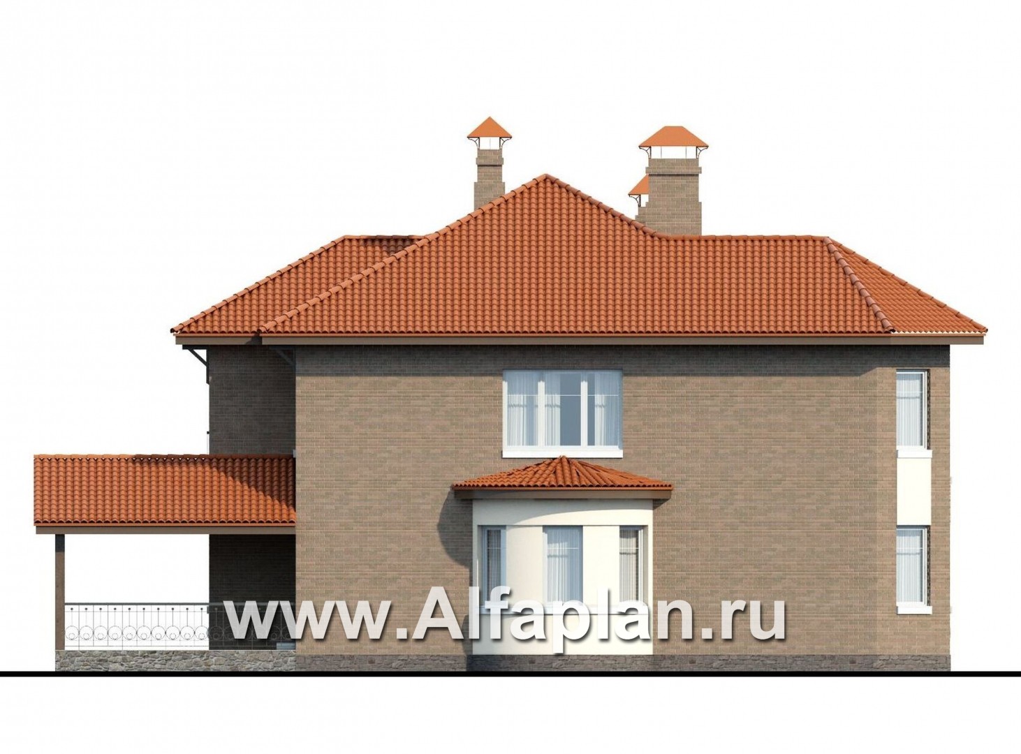 Проекты домов Альфаплан - «Митридат» - проект двухэтажного дома, с эркером и с террасой, планировка с кабинетом на 1 эт, в русском стиле - изображение фасада №3