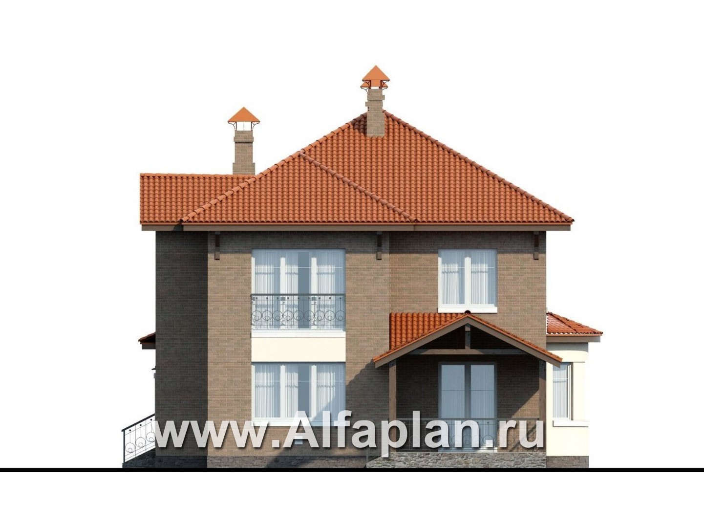 Проекты домов Альфаплан - «Митридат» - проект двухэтажного дома, с эркером и с террасой, планировка с кабинетом на 1 эт, в русском стиле - изображение фасада №4
