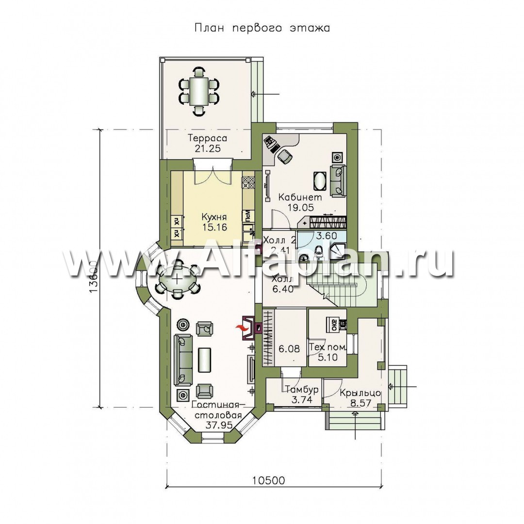 Проекты домов Альфаплан - «Митридат» - проект двухэтажного дома, с эркером и с террасой, планировка с кабинетом на 1 эт, в русском стиле - план проекта №1