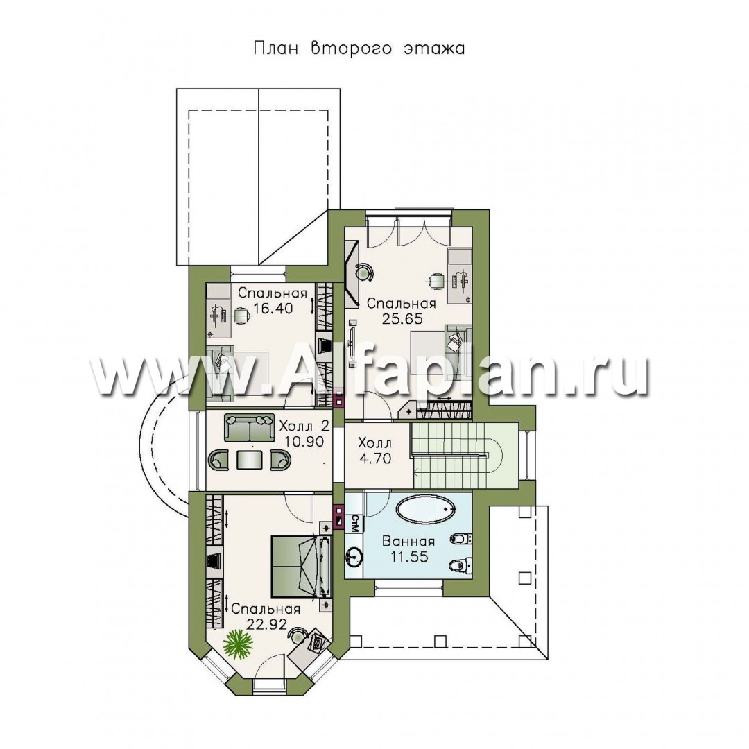 Проекты домов Альфаплан - «Митридат» - проект двухэтажного дома, с эркером и с террасой, планировка с кабинетом на 1 эт, в русском стиле - план проекта №2