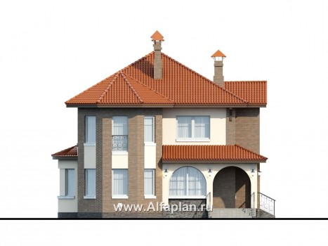 Проекты домов Альфаплан - «Митридат» - проект двухэтажного дома, с эркером и с террасой, планировка с кабинетом на 1 эт, в русском стиле - превью фасада №1