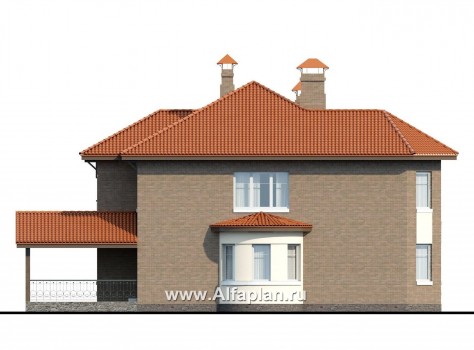 Проекты домов Альфаплан - «Митридат» - проект двухэтажного дома, с эркером и с террасой, планировка с кабинетом на 1 эт, в русском стиле - превью фасада №3