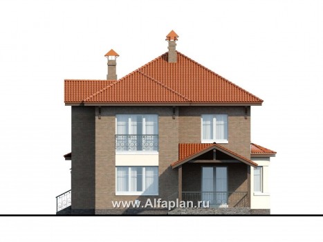 Проекты домов Альфаплан - «Митридат» - проект двухэтажного дома, с эркером и с террасой, планировка с кабинетом на 1 эт, в русском стиле - превью фасада №4