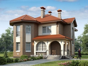 Проекты домов Альфаплан - «Митридат» - проект двухэтажного дома, с эркером и с террасой, планировка с кабинетом на 1 эт, в русском стиле - превью основного изображения