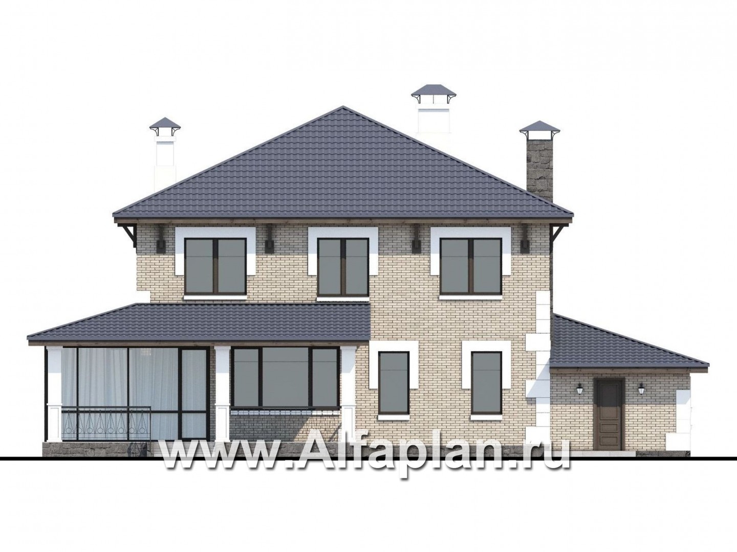 Проекты домов Альфаплан - «Земляничная поляна» - двухэтажный коттедж с гаражом и верандой - изображение фасада №4