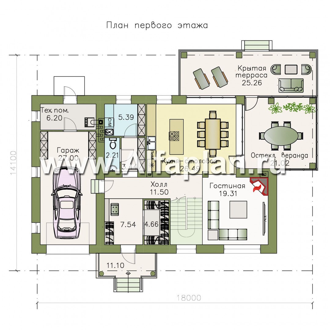 Проекты домов Альфаплан - «Земляничная поляна» - двухэтажный коттедж с гаражом и верандой - изображение плана проекта №1
