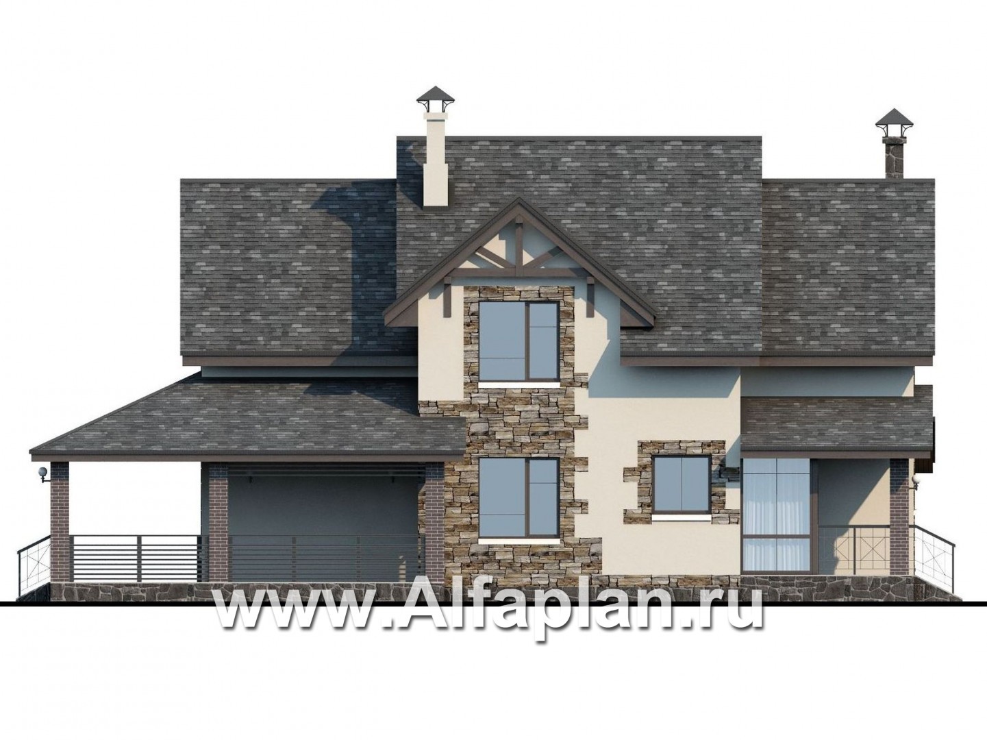 Проекты домов Альфаплан - «Роза ветров» - коттедж для узкого участка с летней куxней - изображение фасада №3