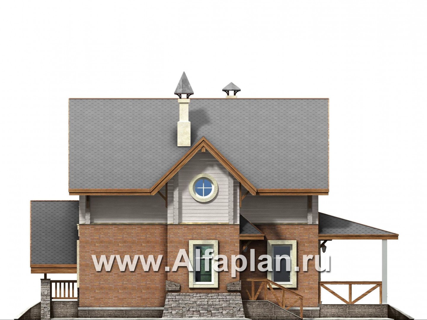 Проекты домов Альфаплан - «Альпенхаус»- проект дома с мансардой, высокий потолок в гостиной, в стиле  шале, 1 эт из кирпича, 2 эт из бруса - изображение фасада №2