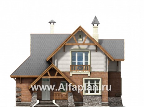 Проекты домов Альфаплан - «Альпенхаус»- проект дома с мансардой, высокий потолок в гостиной, в стиле  шале, 1 эт из кирпича, 2 эт из бруса - превью фасада №1