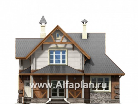 Проекты домов Альфаплан - «Альпенхаус»- проект дома с мансардой, высокий потолок в гостиной, в стиле  шале, 1 эт из кирпича, 2 эт из бруса - превью фасада №4