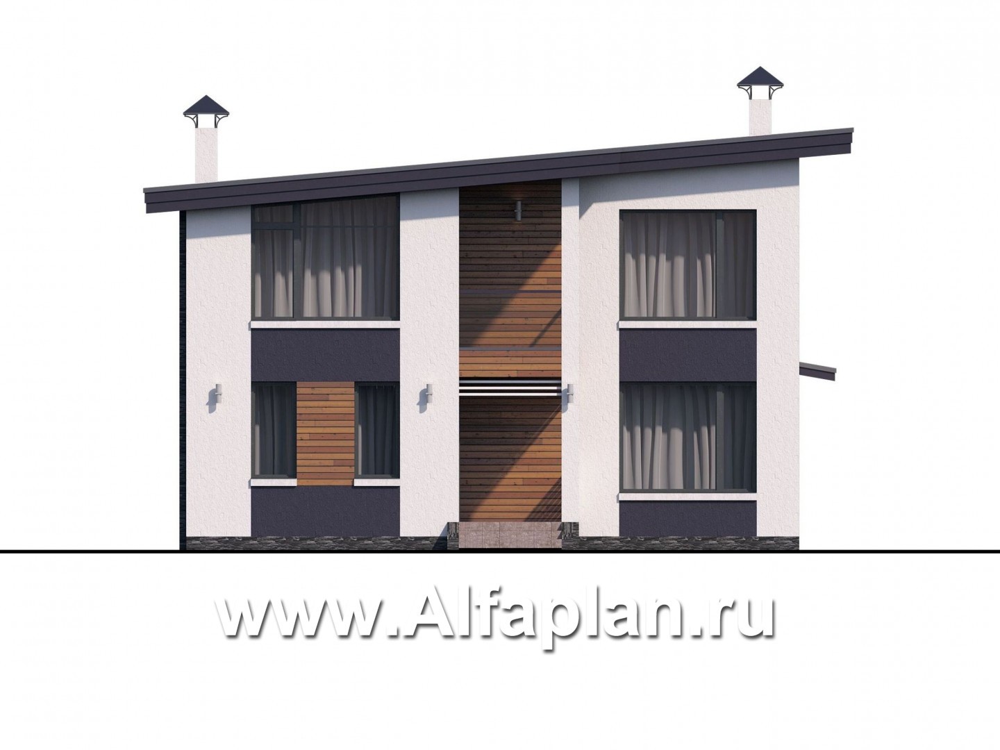Проекты домов Альфаплан - "Модена" - проект двухэтажного дома из газобетона, с террасой, в стиле минимализм - изображение фасада №1