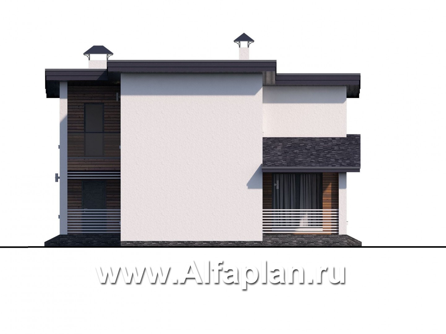 Проекты домов Альфаплан - "Модена" - проект двухэтажного дома из газобетона, с террасой, в стиле минимализм - изображение фасада №2