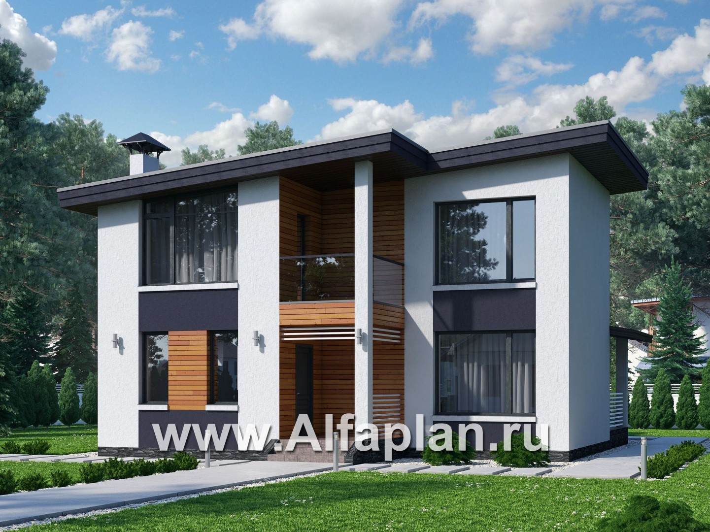 Проекты домов Альфаплан - "Модена" - проект двухэтажного дома из газобетона, с террасой, в стиле минимализм - основное изображение