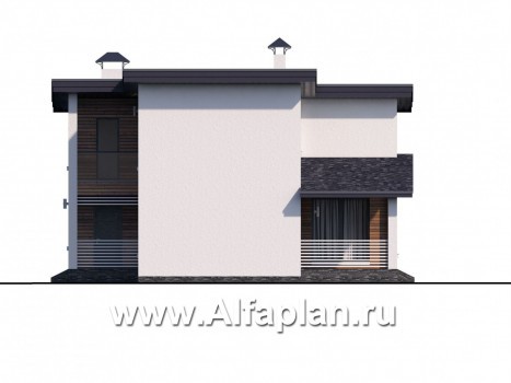 Проекты домов Альфаплан - "Модена" - проект двухэтажного дома из газобетона, с террасой, в стиле минимализм - превью фасада №2