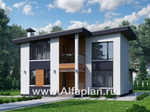 Проекты домов Альфаплан - "Модена" - проект двухэтажного дома из газобетона, с террасой, в стиле минимализм - превью основного изображения