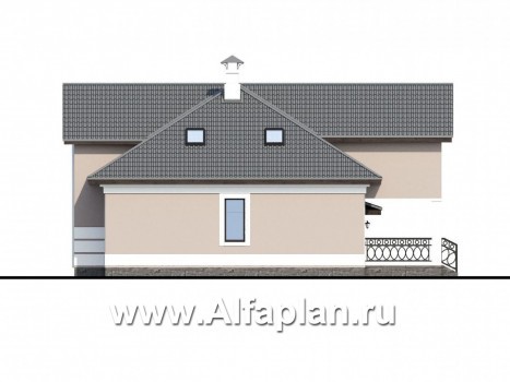 Проекты домов Альфаплан - «Волга» - коттедж с 3-я жилыми комнатами на 1 этаже, жилой мансардой и гаражом - превью фасада №2