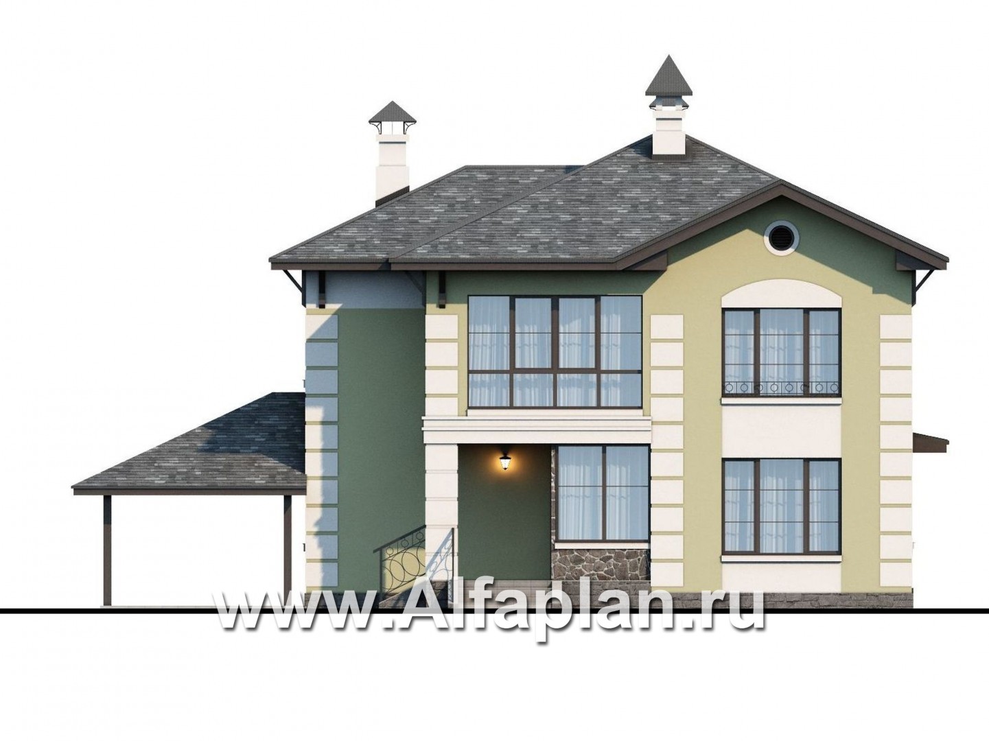 Проекты домов Альфаплан - «Рождествено» - коттедж с большой верандой и навесом для машины - изображение фасада №1