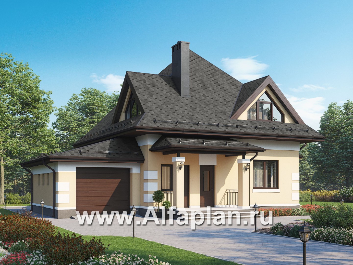 Проекты домов Альфаплан - Компактный мансардный дом c гаражом из газобетона - основное изображение