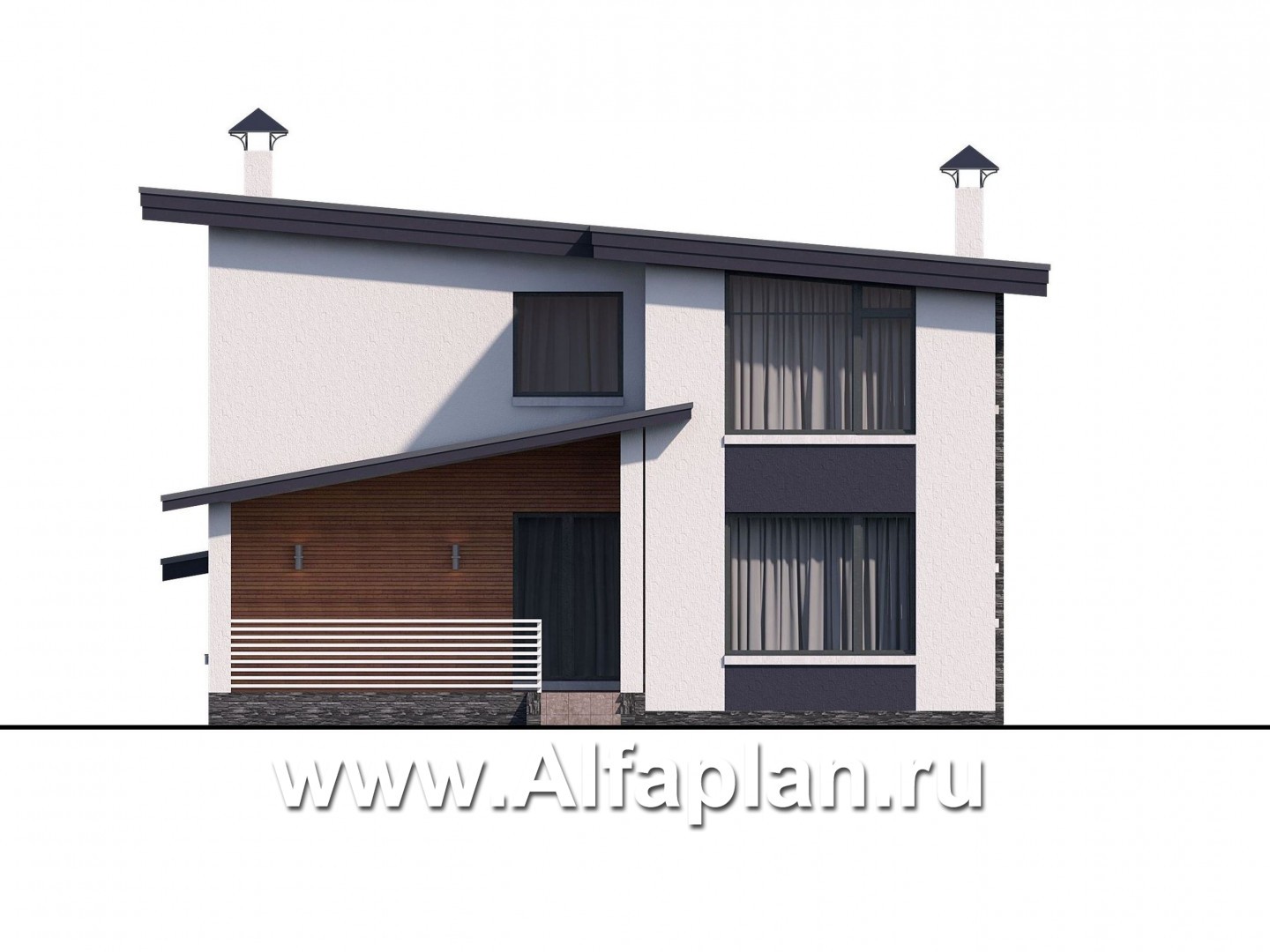 «Модена» - проект двухэтажного дома из газобетона, с террасой, навес на 2 авто, в стиле минимализм - фасад дома