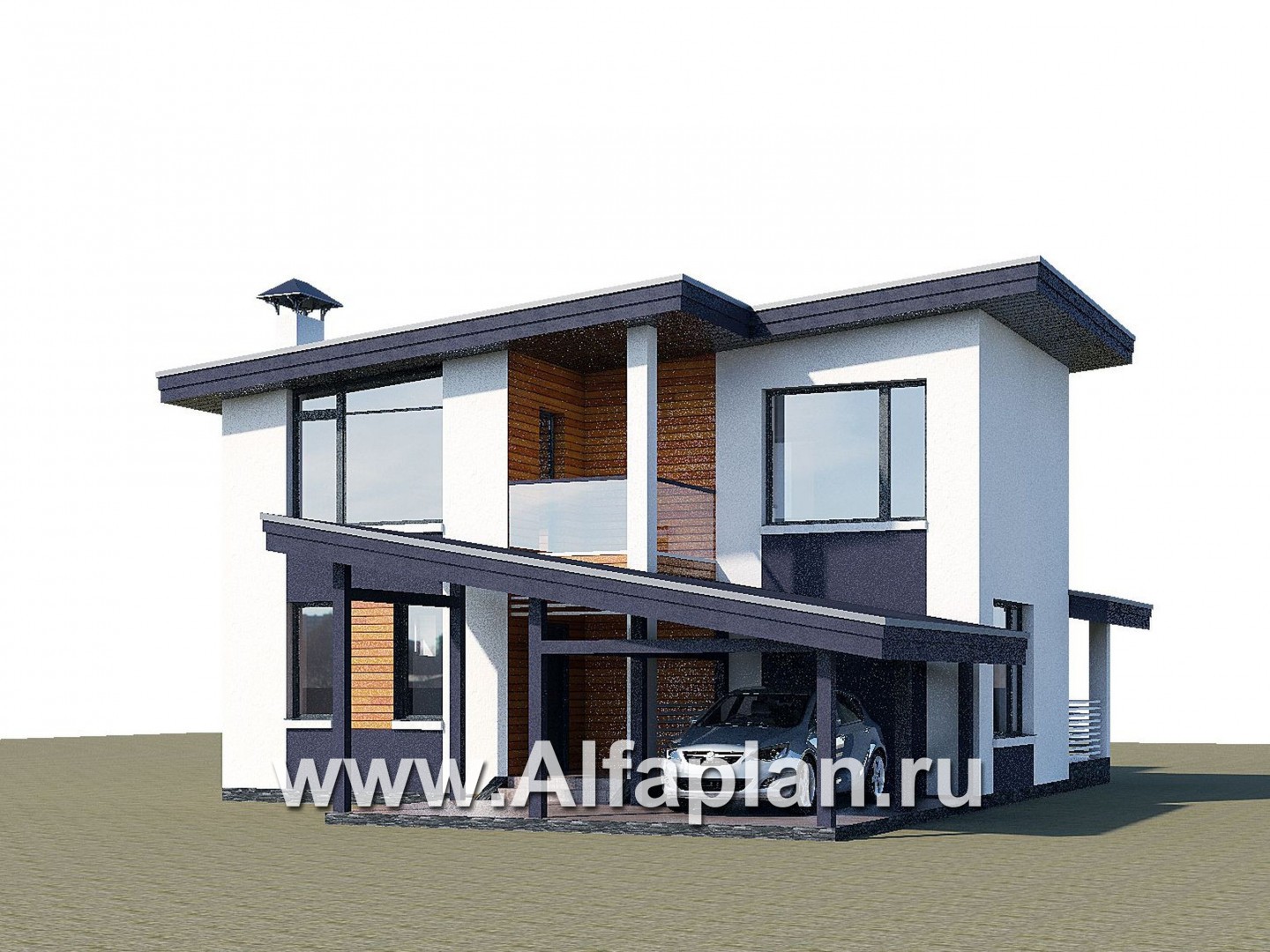 «Модена» - проект двухэтажного дома из газобетона, с террасой, навес на 2 авто, в стиле минимализм - дизайн дома №1