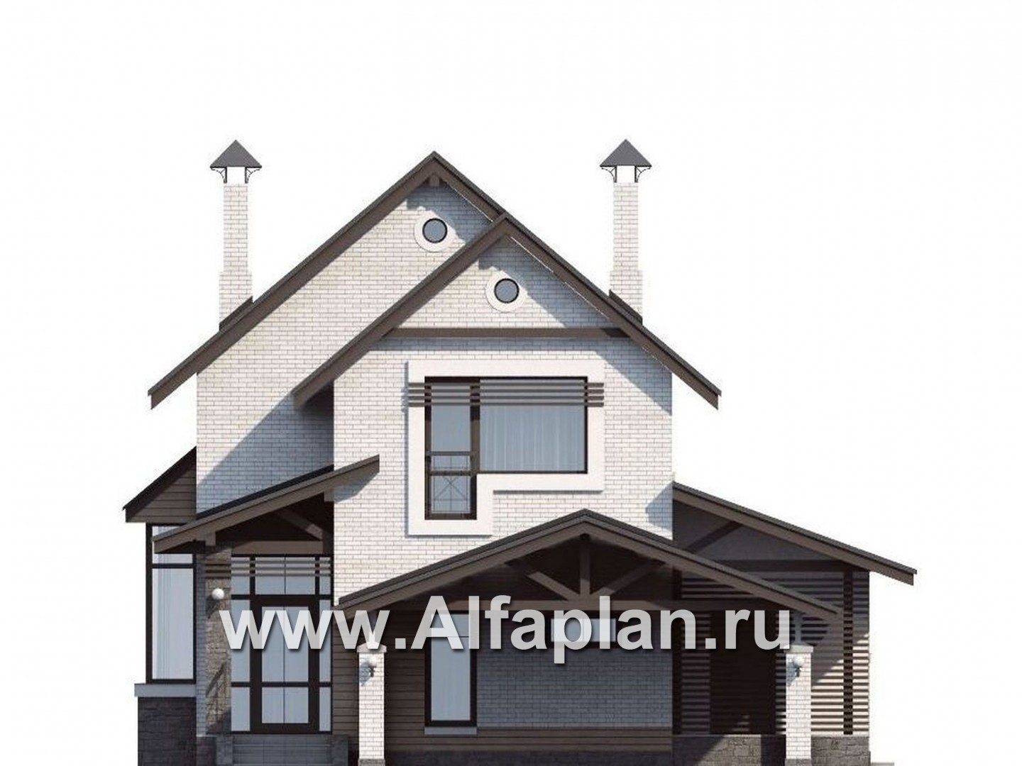 Проекты домов Альфаплан - «Эль-Ниньо» - проект дома с мансардой в скандинавском стиле, с террасой и навесом на 2 авто, для узкого участка - изображение фасада №1