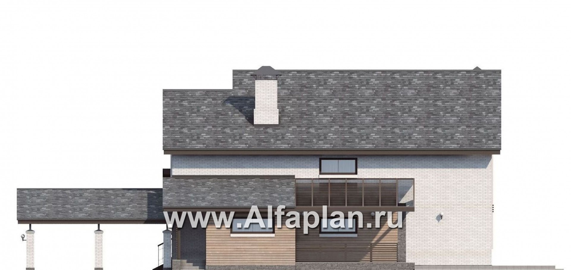 Проекты домов Альфаплан - «Эль-Ниньо» - проект дома с мансардой в скандинавском стиле, с террасой и навесом на 2 авто, для узкого участка - изображение фасада №2