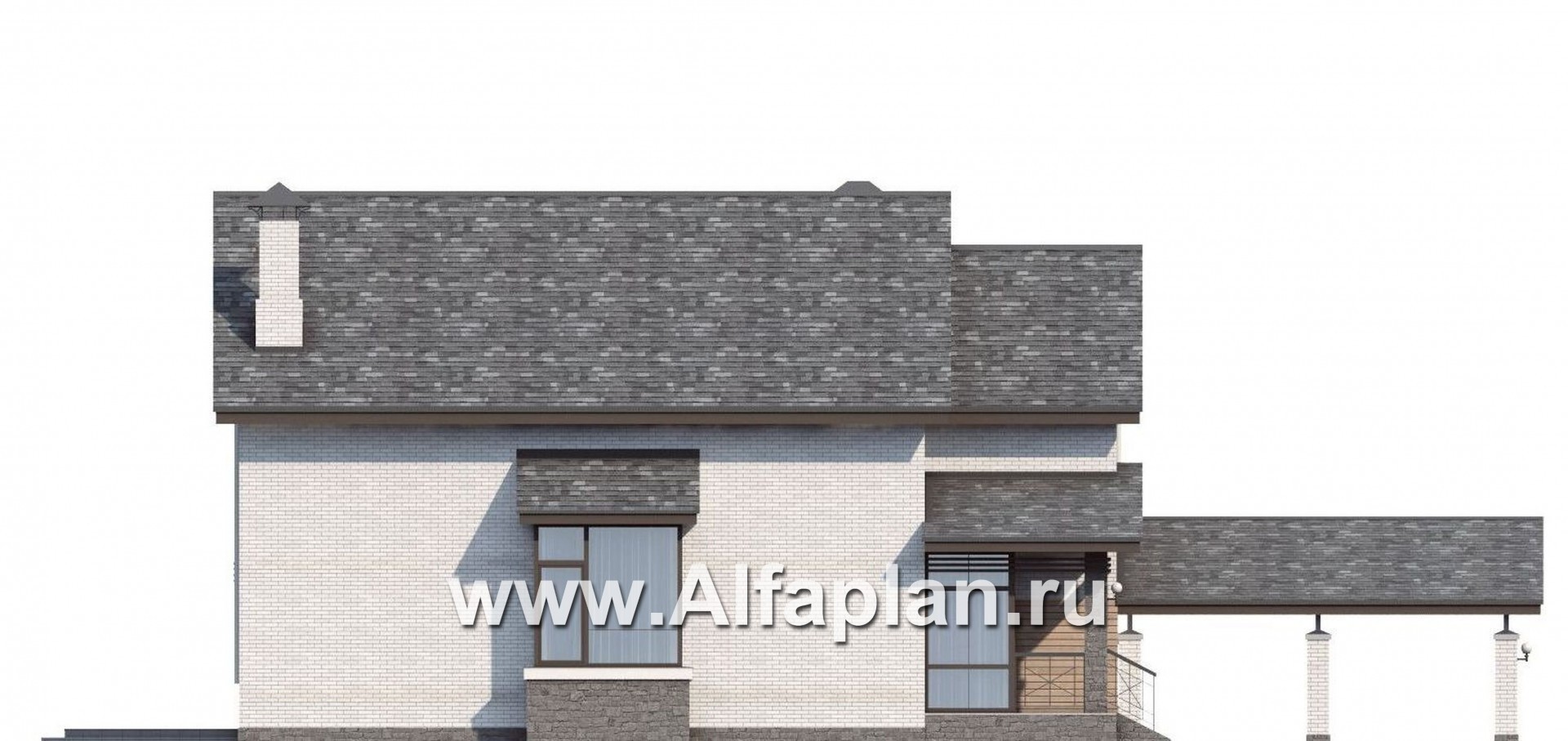 Проекты домов Альфаплан - «Эль-Ниньо» - проект дома с мансардой в скандинавском стиле, с террасой и навесом на 2 авто, для узкого участка - изображение фасада №3