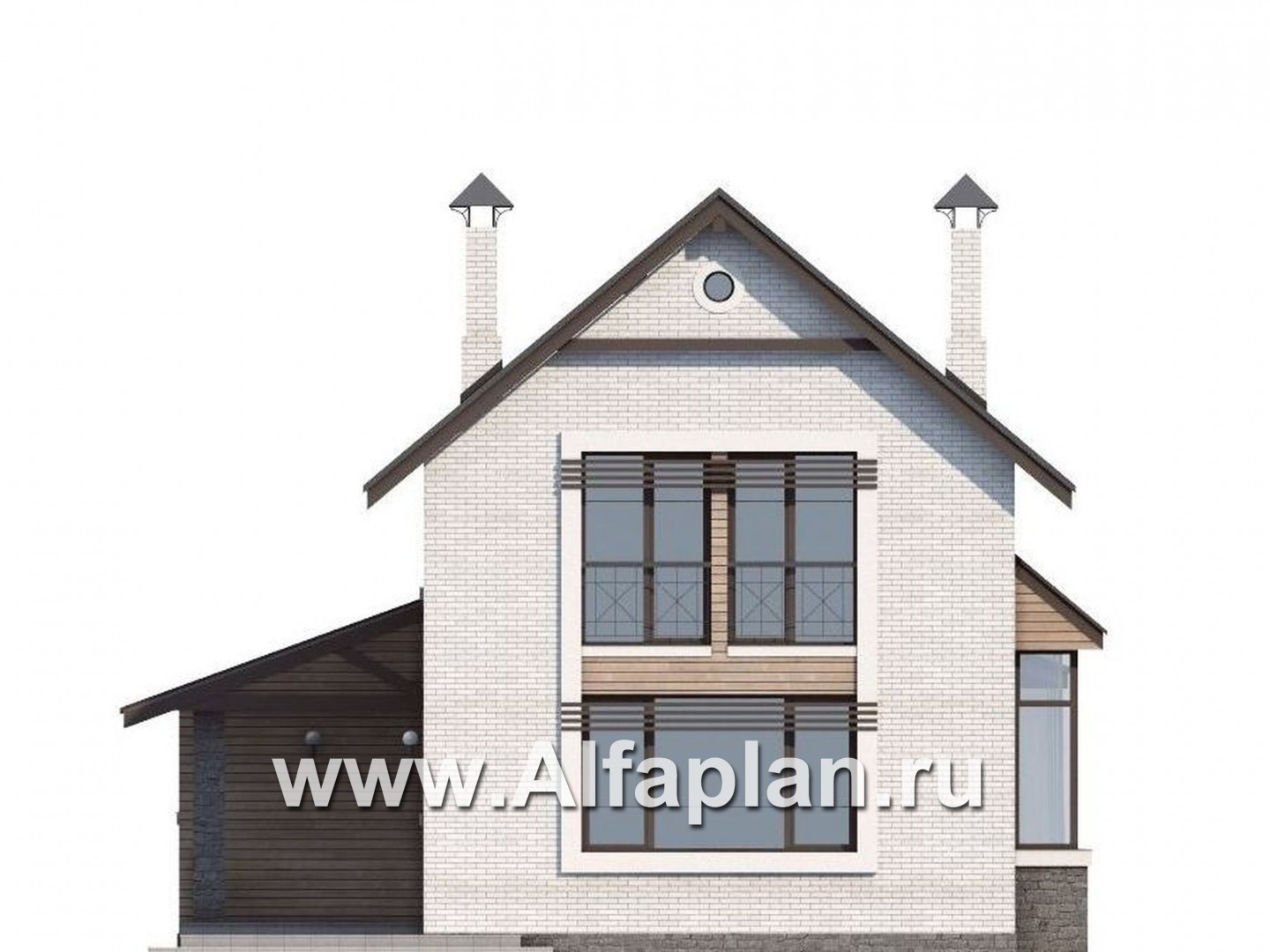 Проекты домов Альфаплан - «Эль-Ниньо» - проект дома с мансардой в скандинавском стиле, с террасой и навесом на 2 авто, для узкого участка - изображение фасада №4
