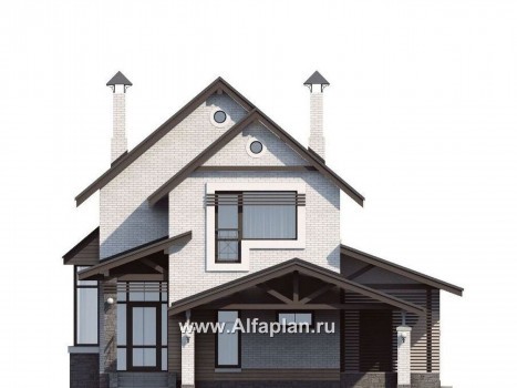 Проекты домов Альфаплан - «Эль-Ниньо» - проект дома с мансардой в скандинавском стиле, с террасой и навесом на 2 авто, для узкого участка - превью фасада №1
