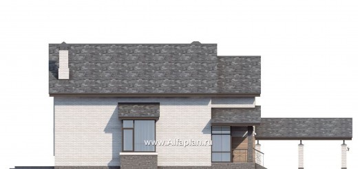 Проекты домов Альфаплан - «Эль-Ниньо» - проект дома с мансардой в скандинавском стиле, с террасой и навесом на 2 авто, для узкого участка - превью фасада №3