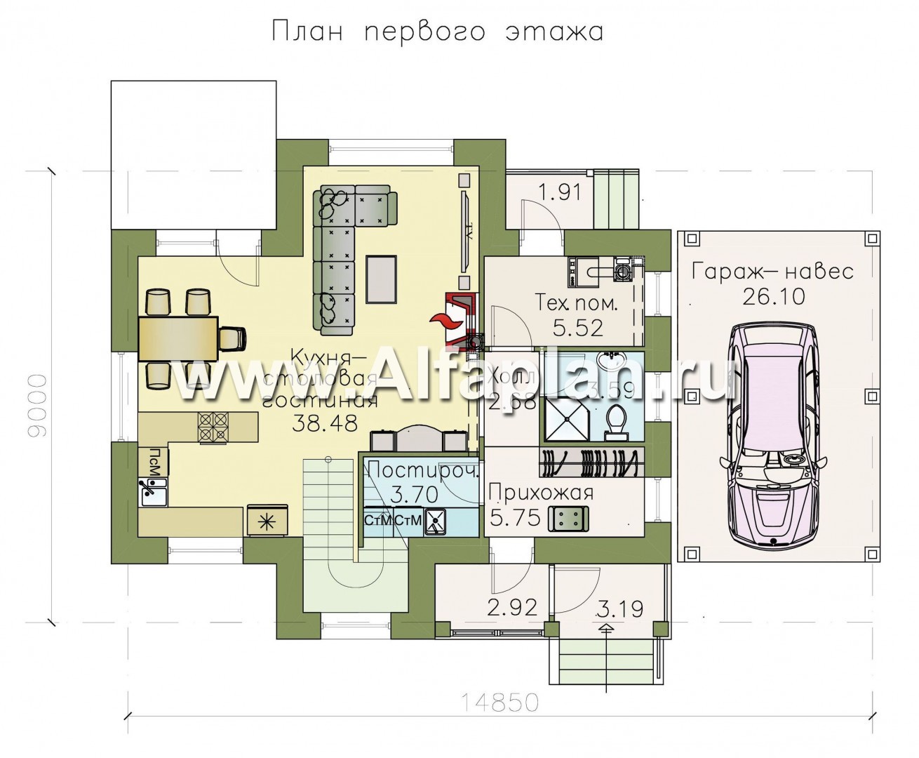 Проекты домов Альфаплан - Коттедж из кирпича «Высокая орбита» с гаражом навесом - изображение плана проекта №1
