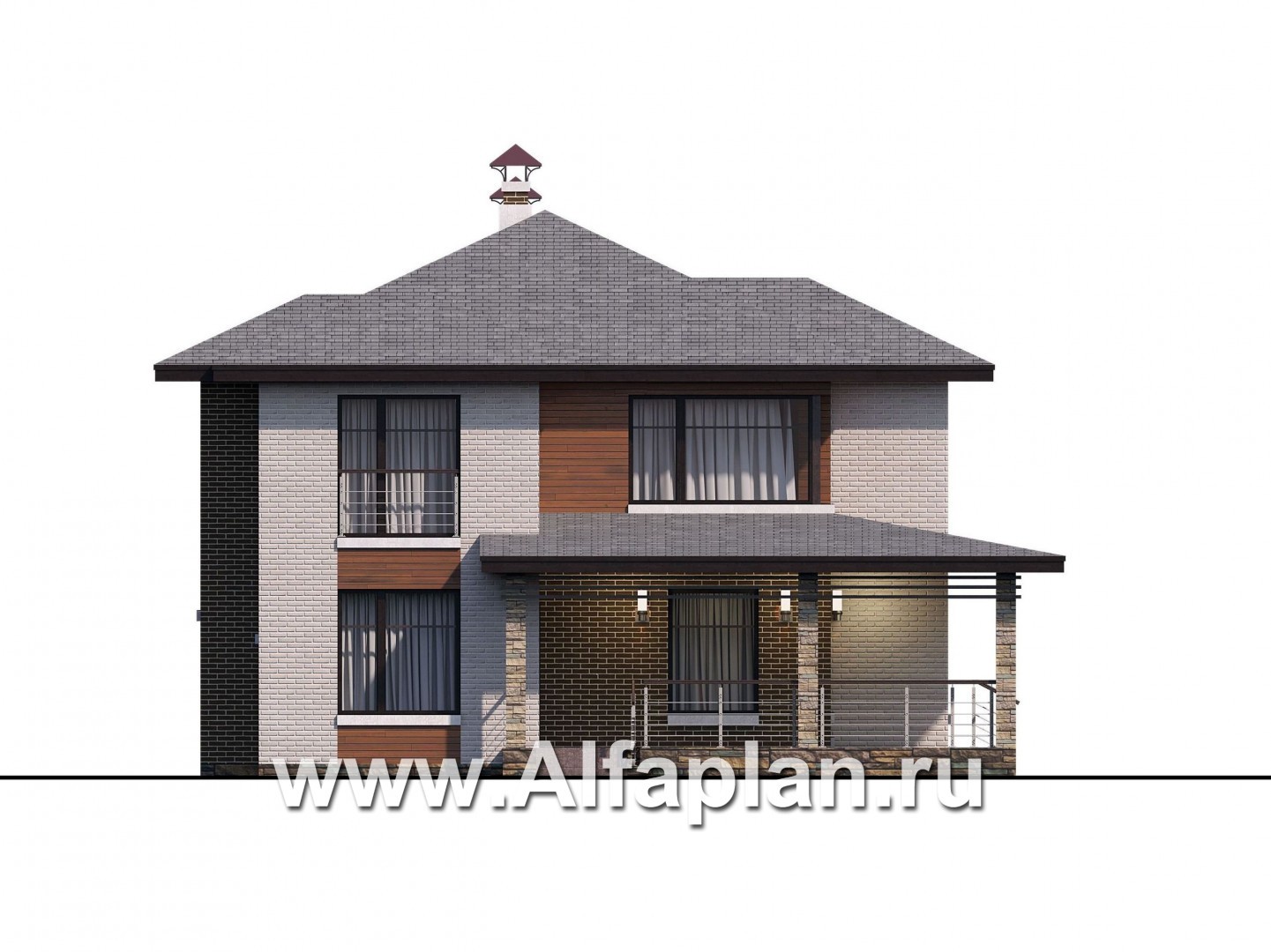 Проекты домов Альфаплан - «Квантум» - современный двухэтажный дом, планировка с террасой и сауной, для углового участка - изображение фасада №1