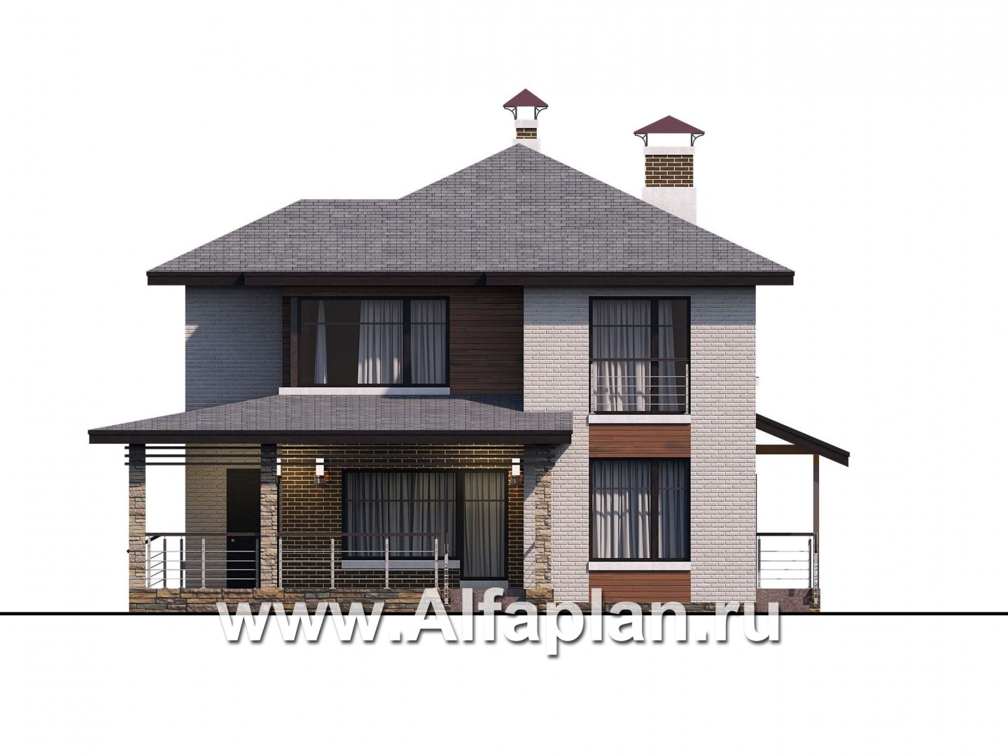 Проекты домов Альфаплан - «Квантум» - современный двухэтажный дом, планировка с террасой и сауной, для углового участка - изображение фасада №2