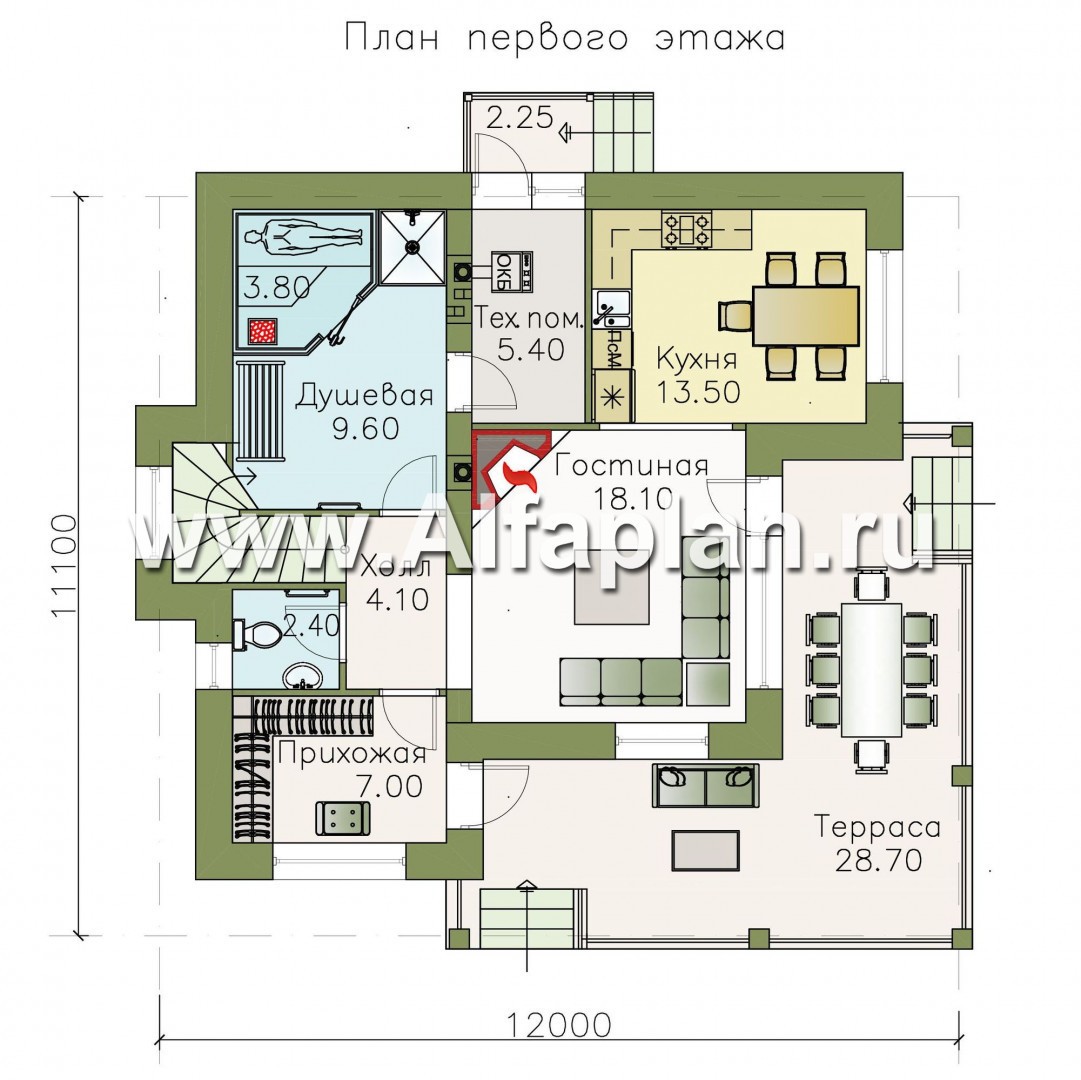 Проекты домов Альфаплан - «Квантум» - современный двухэтажный дом, планировка с террасой и сауной, для углового участка - план проекта №1