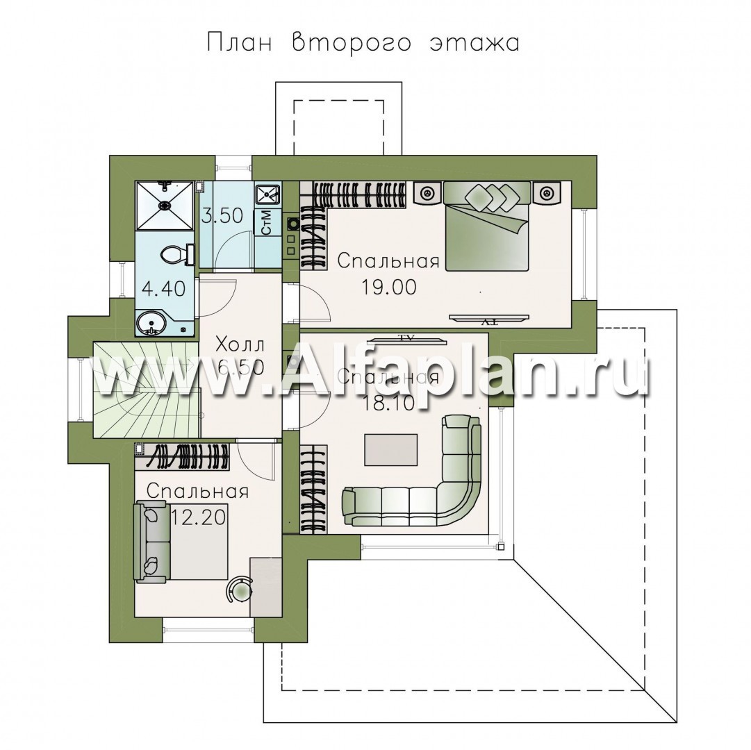 Проекты домов Альфаплан - «Квантум» - современный двухэтажный дом, планировка с террасой и сауной, для углового участка - изображение плана проекта №2