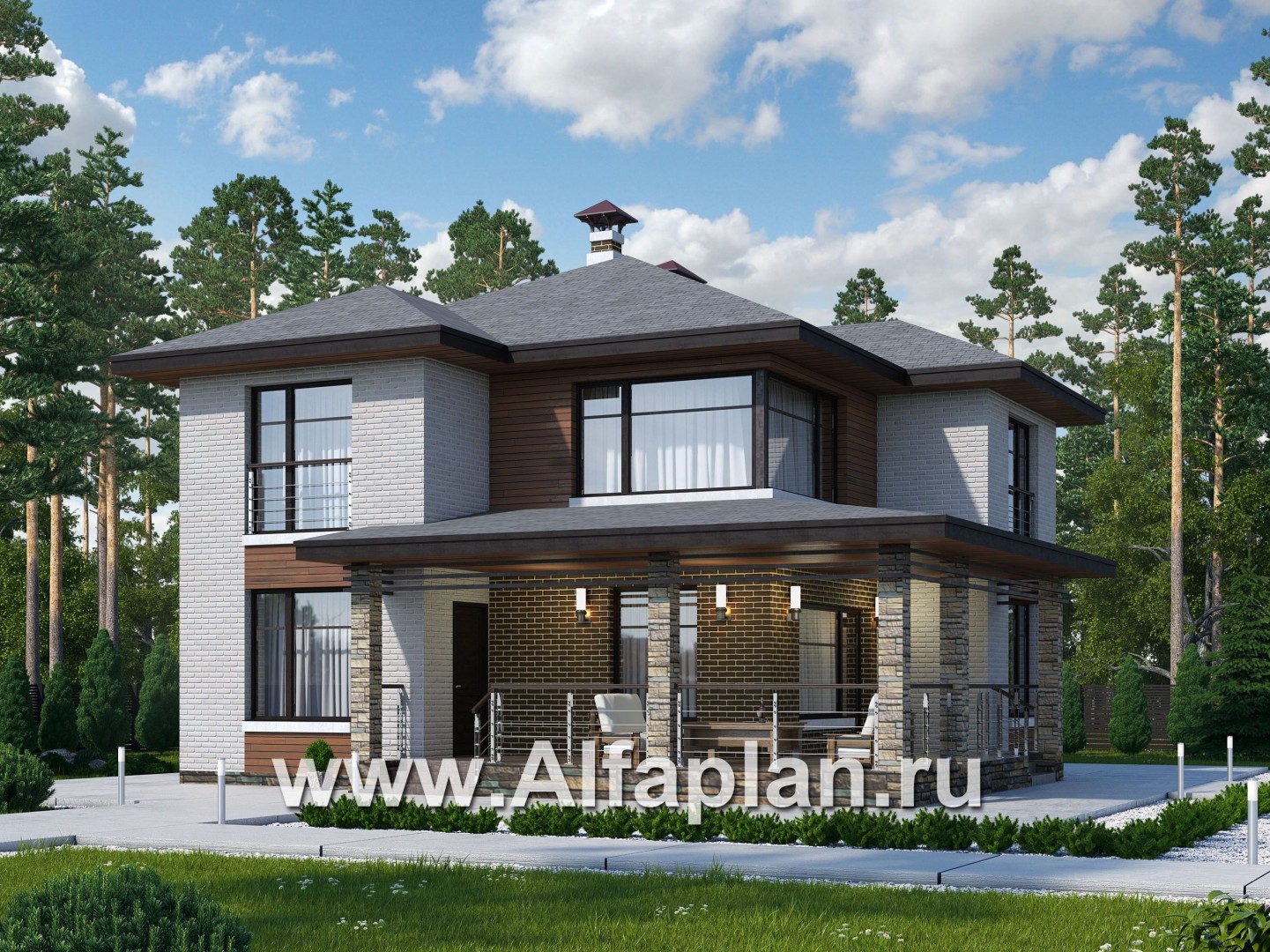 Проекты домов Альфаплан - «Квантум» - современный двухэтажный дом, планировка с террасой и сауной, для углового участка - основное изображение